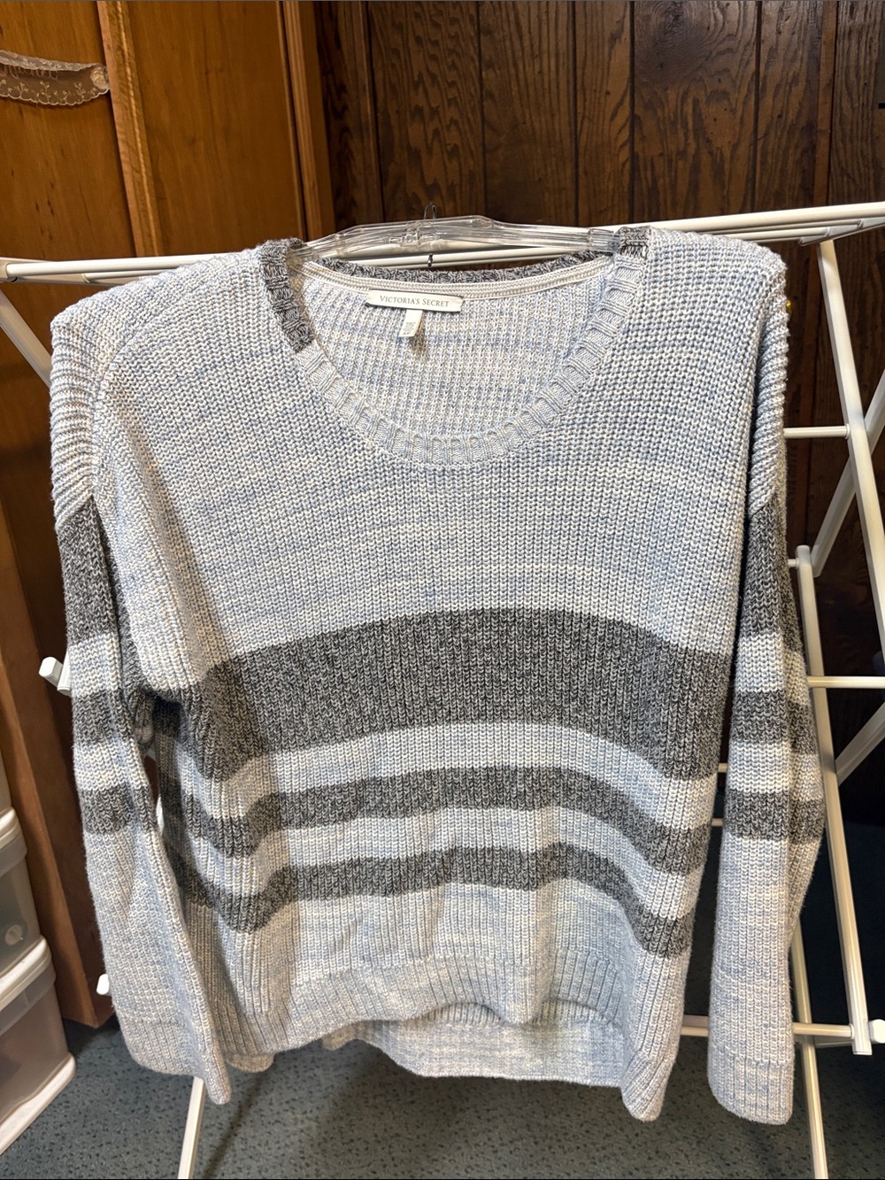 Victoria's Secret Light Blue & Gray Striped Crewneck Sweater